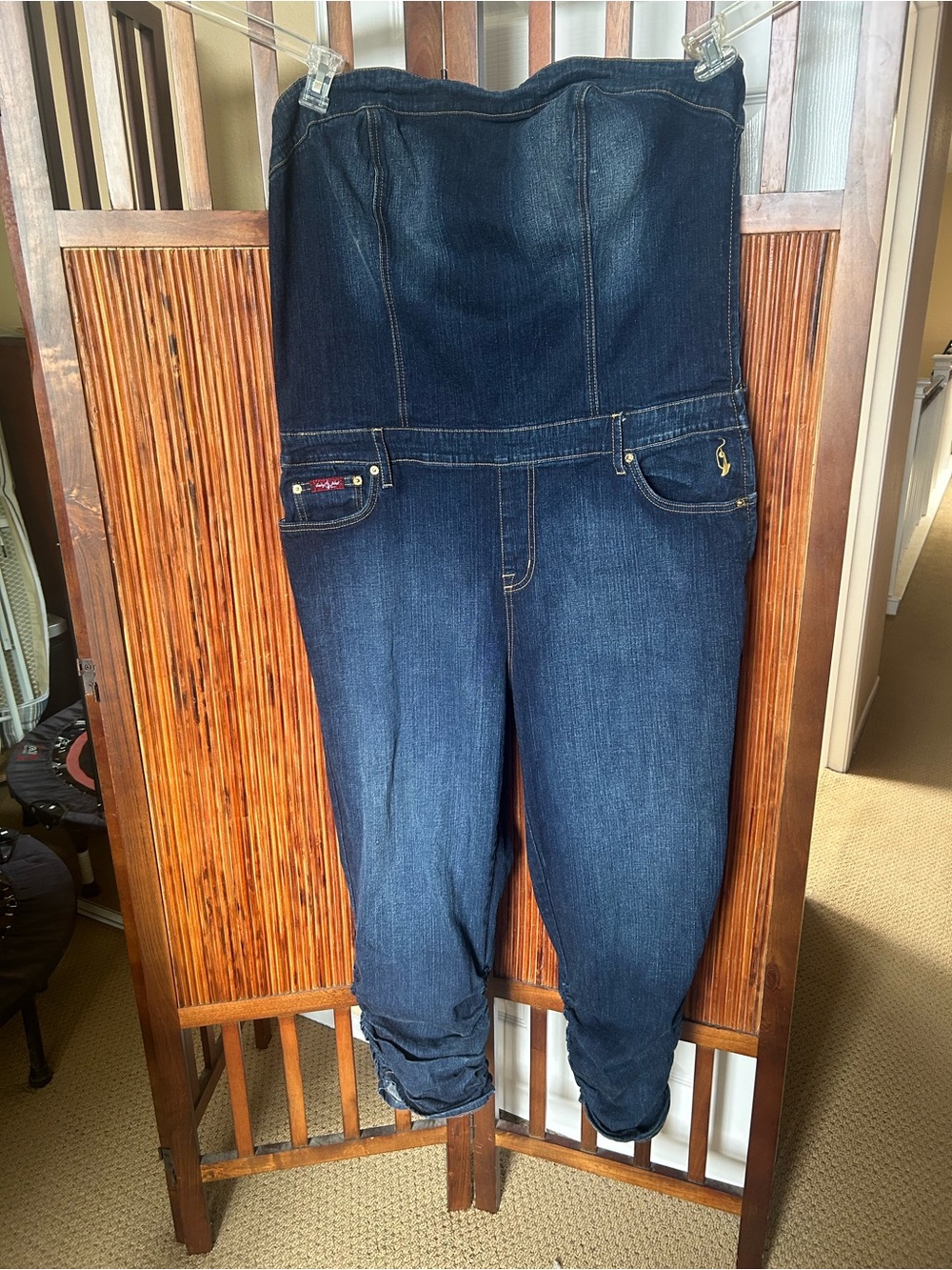Baby Phat Strapless Dark Blue Denim Jumpsuit, Ruched bottom legs, gold details.